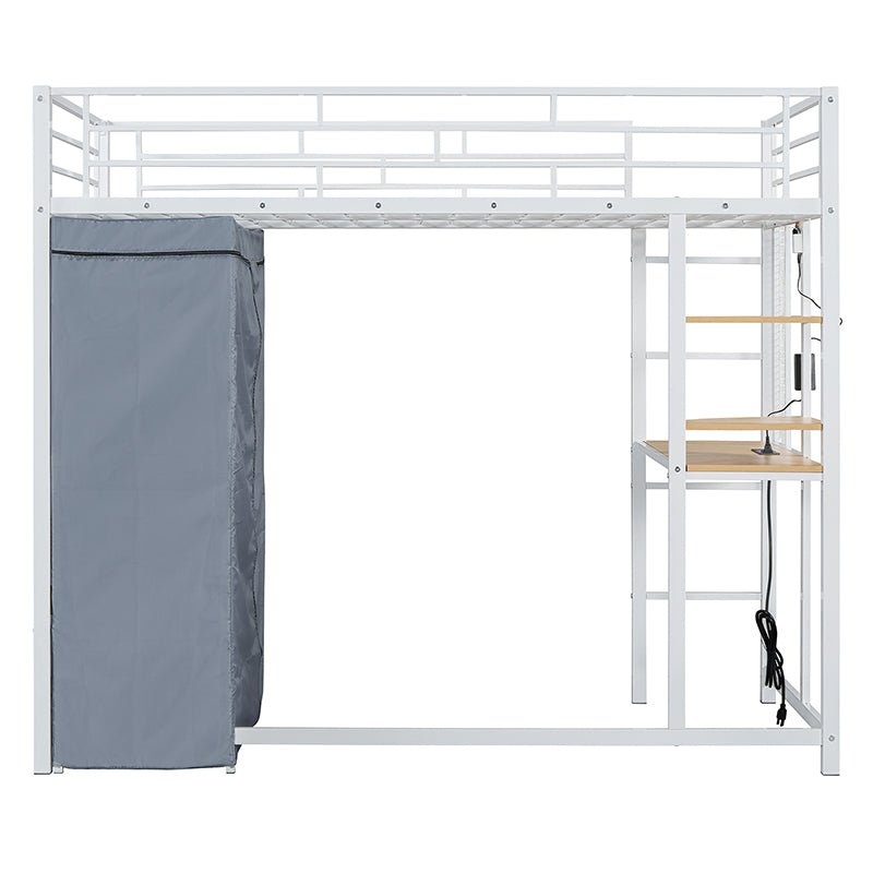 Bellemave® Loft Metal Bed with Desk,Shelves,Power Outlet,LED Light and Wardrobe - Bellemave