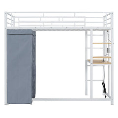 Bellemave® Loft Metal Bed with Desk,Shelves,Power Outlet,LED Light and Wardrobe - Bellemave