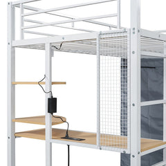 Bellemave® Loft Metal Bed with Desk,Shelves,Power Outlet,LED Light and Wardrobe - Bellemave