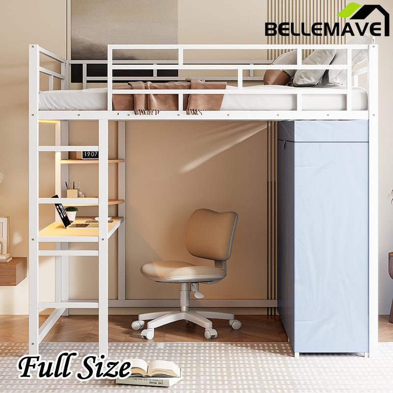 Bellemave® Loft Metal Bed with Desk,Shelves,Power Outlet,LED Light and Wardrobe - Bellemave