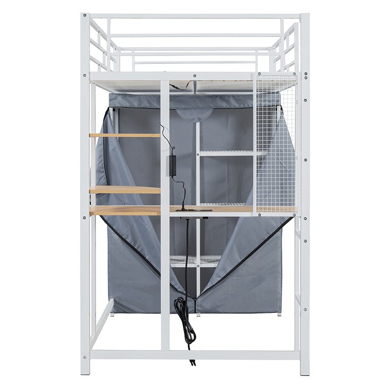 Bellemave® Loft Metal Bed with Desk,Shelves,Power Outlet,LED Light and Wardrobe - Bellemave