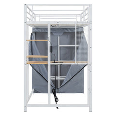 Bellemave® Loft Metal Bed with Desk,Shelves,Power Outlet,LED Light and Wardrobe - Bellemave