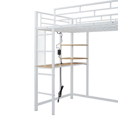 Bellemave® Loft Metal Bed with Desk,Shelves,Power Outlet,LED Light and Wardrobe - Bellemave
