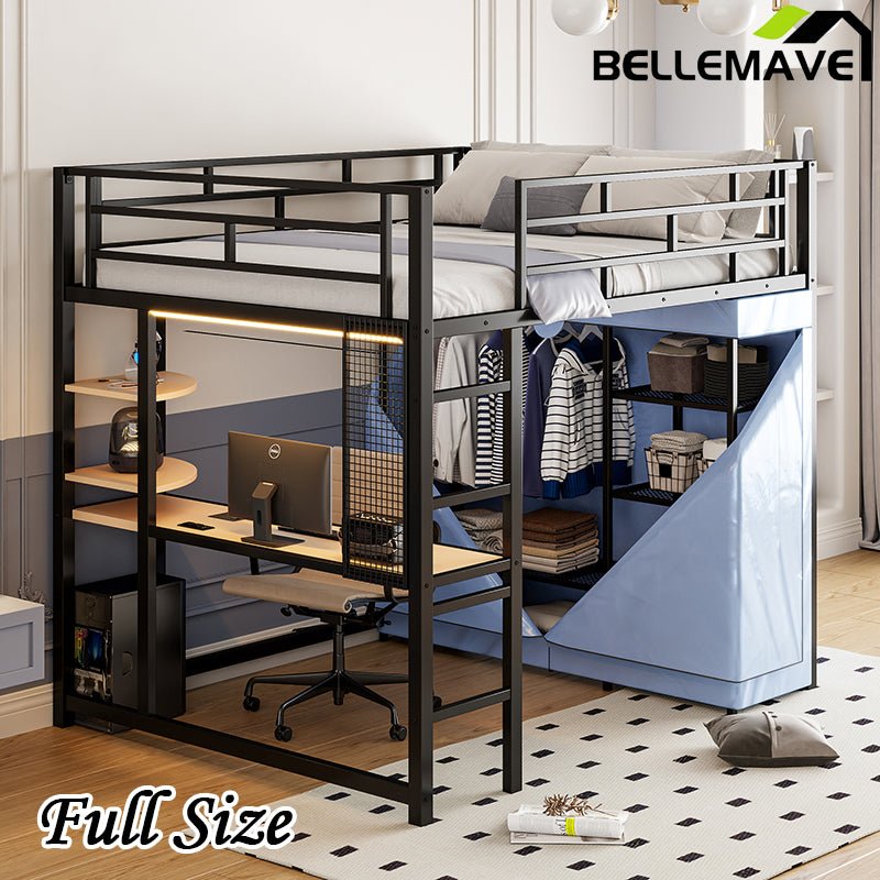 Bellemave® Loft Metal Bed with Desk,Shelves,Power Outlet,LED Light and Wardrobe - Bellemave
