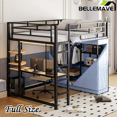 Bellemave® Loft Metal Bed with Desk,Shelves,Power Outlet,LED Light and Wardrobe - Bellemave