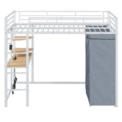 Bellemave® Loft Metal Bed with Desk,Shelves,Power Outlet,LED Light and Wardrobe - Bellemave