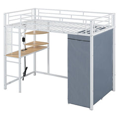 Bellemave® Loft Metal Bed with Desk,Shelves,Power Outlet,LED Light and Wardrobe - Bellemave