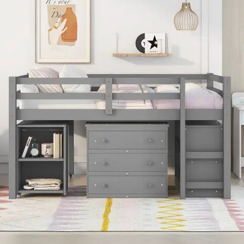 Bellemave® Low Loft Bed with Cabinet and Rolling Portable Desk - Bellemave