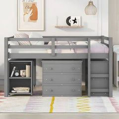 Bellemave® Low Loft Bed with Cabinet and Rolling Portable Desk - Bellemave