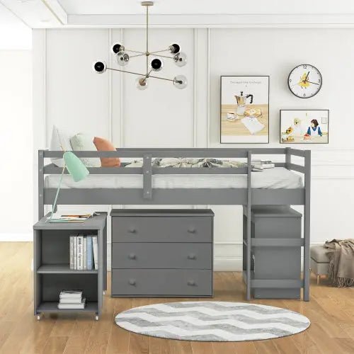 Bellemave® Low Loft Bed with Cabinet and Rolling Portable Desk - Bellemave