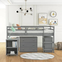 Bellemave® Low Loft Bed with Cabinet and Rolling Portable Desk - Bellemave