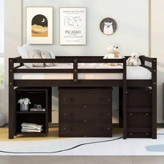 Bellemave® Low Loft Bed with Cabinet and Rolling Portable Desk - Bellemave