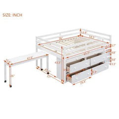 Bellemave® Low Loft Bed with Retractable Writing Desk and 4 Drawers,Lateral Portable Desk and Shelves - Bellemave