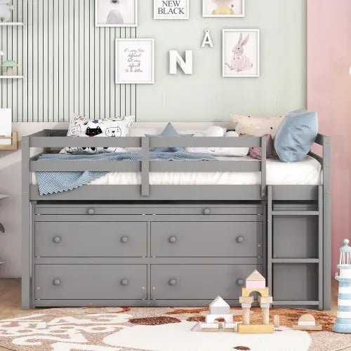 Bellemave® Low Loft Bed with Retractable Writing Desk and 4 Drawers,Lateral Portable Desk and Shelves - Bellemave