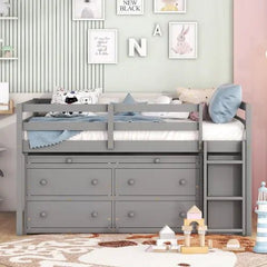 Bellemave® Low Loft Bed with Retractable Writing Desk and 4 Drawers,Lateral Portable Desk and Shelves - Bellemave
