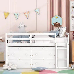 Bellemave® Low Loft Bed with Retractable Writing Desk and 4 Drawers,Lateral Portable Desk and Shelves - Bellemave
