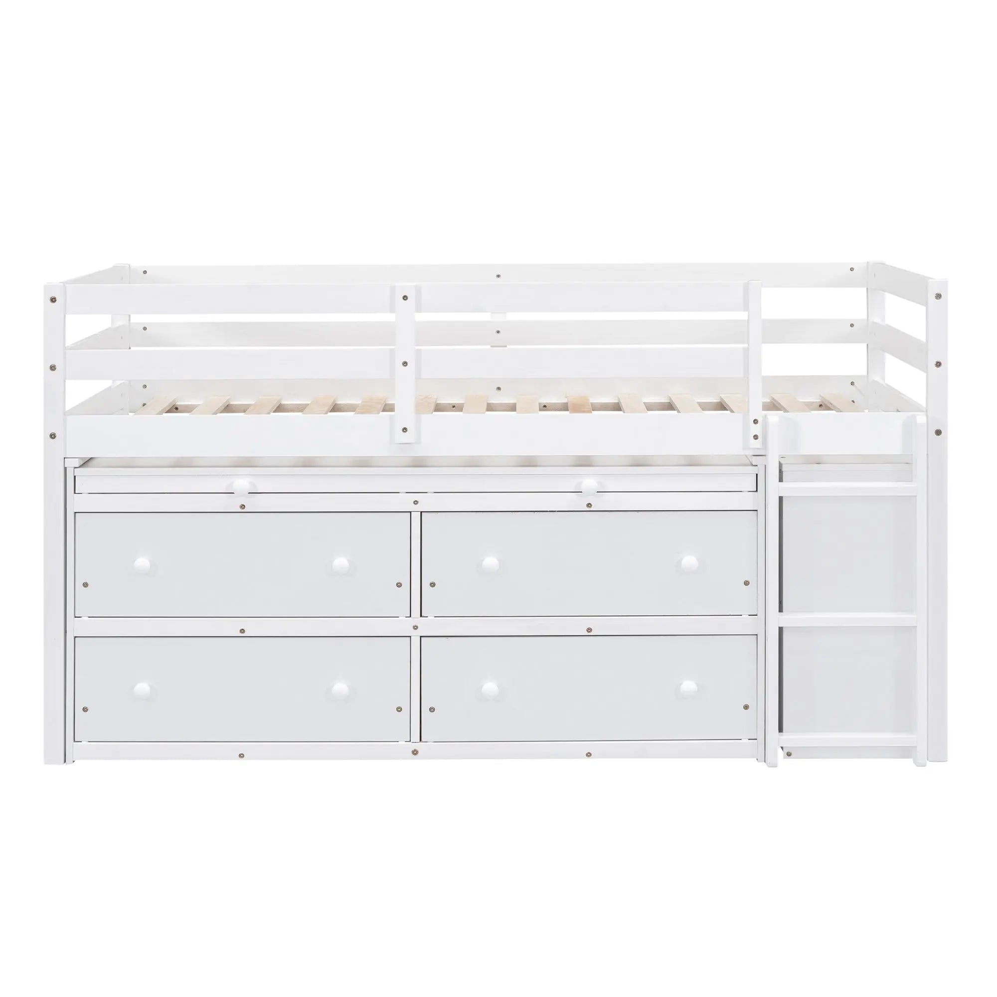 Bellemave® Low Loft Bed with Retractable Writing Desk and 4 Drawers,Lateral Portable Desk and Shelves - Bellemave