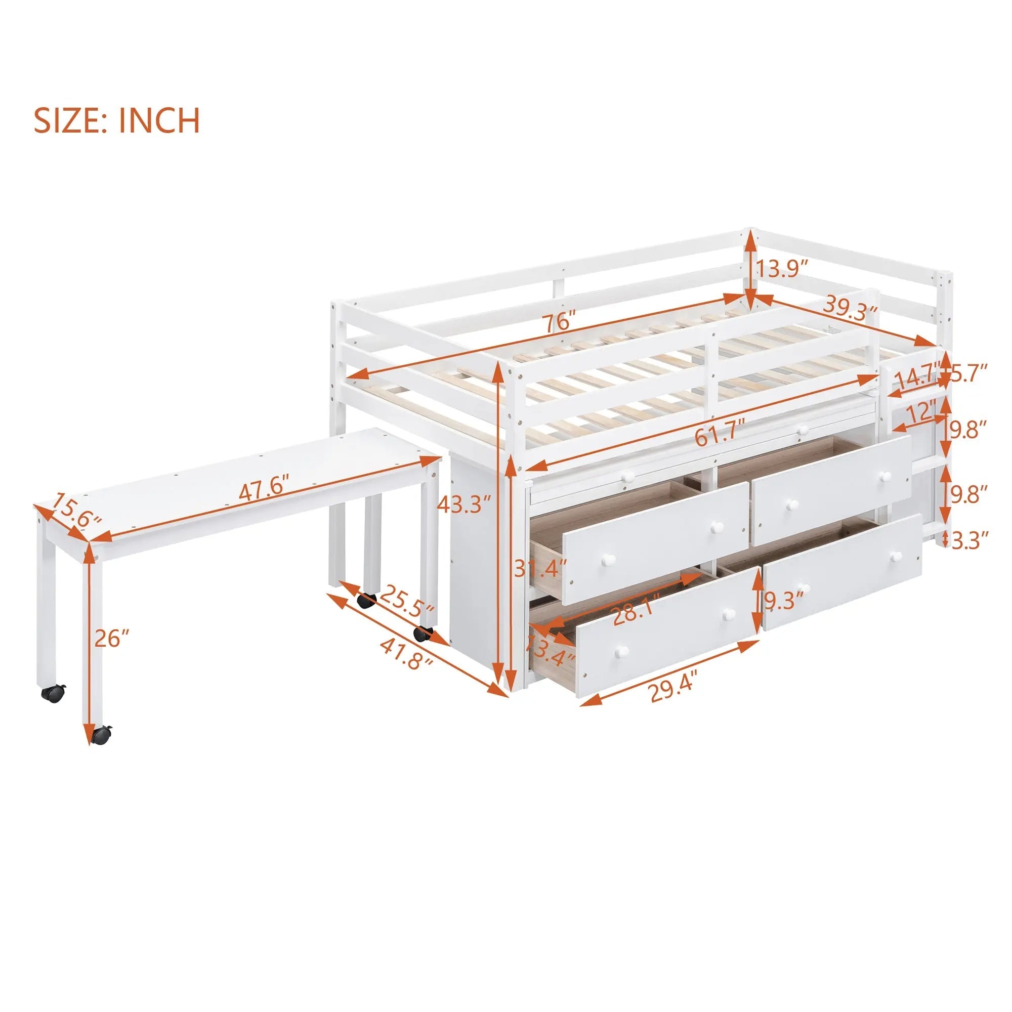 Bellemave® Low Loft Bed with Retractable Writing Desk and 4 Drawers,Lateral Portable Desk and Shelves - Bellemave