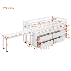 Bellemave® Low Loft Bed with Retractable Writing Desk and 4 Drawers,Lateral Portable Desk and Shelves - Bellemave