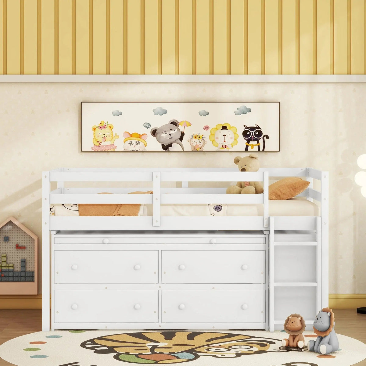 Bellemave® Low Loft Bed with Retractable Writing Desk and 4 Drawers,Lateral Portable Desk and Shelves - Bellemave