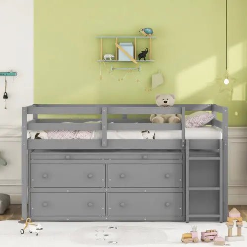 Bellemave® Low Loft Bed with Retractable Writing Desk and 4 Drawers,Lateral Portable Desk and Shelves - Bellemave