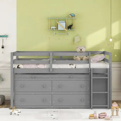 Bellemave® Low Loft Bed with Retractable Writing Desk and 4 Drawers,Lateral Portable Desk and Shelves - Bellemave