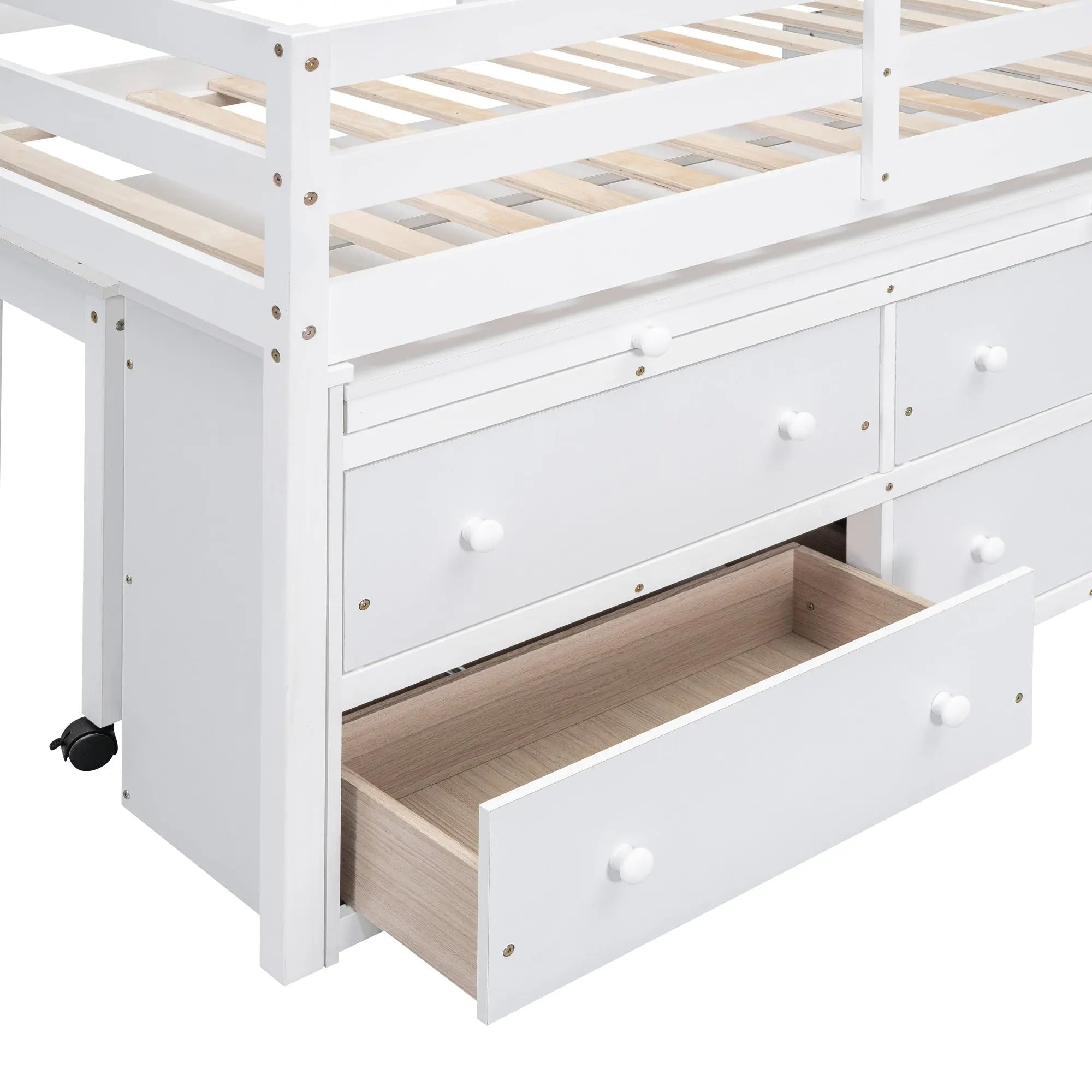 Bellemave® Low Loft Bed with Retractable Writing Desk and 4 Drawers,Lateral Portable Desk and Shelves - Bellemave