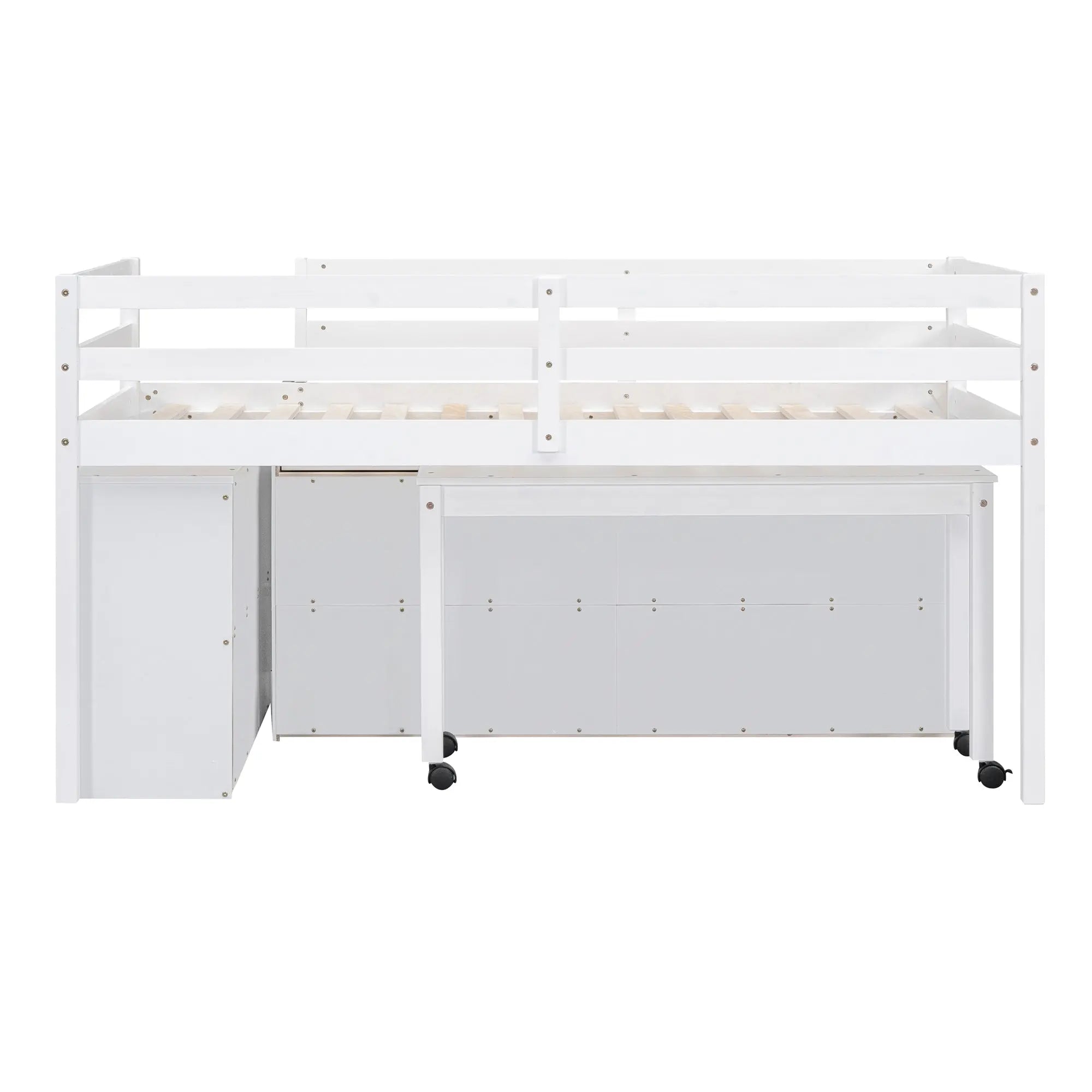 Bellemave® Low Loft Bed with Retractable Writing Desk and 4 Drawers,Lateral Portable Desk and Shelves - Bellemave