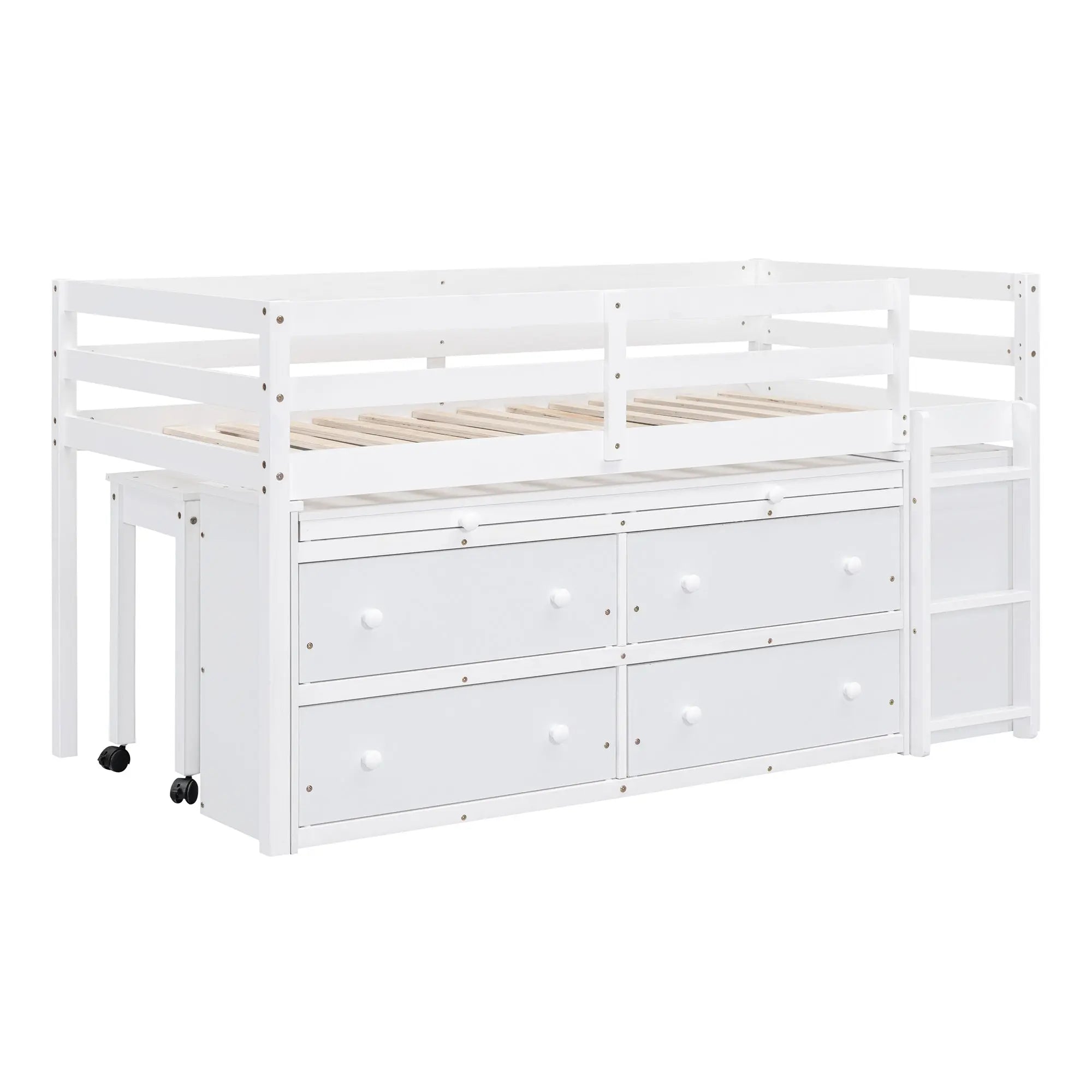 Bellemave® Low Loft Bed with Retractable Writing Desk and 4 Drawers,Lateral Portable Desk and Shelves - Bellemave