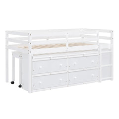 Bellemave® Low Loft Bed with Retractable Writing Desk and 4 Drawers,Lateral Portable Desk and Shelves - Bellemave