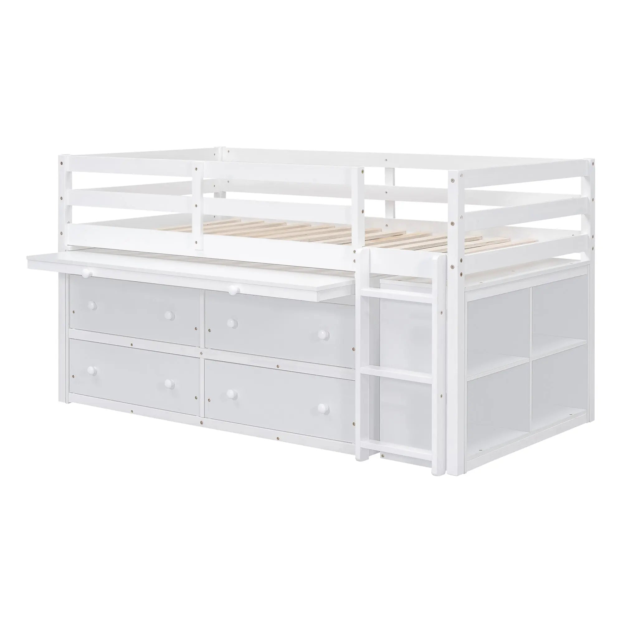 Bellemave® Low Loft Bed with Retractable Writing Desk and 4 Drawers,Lateral Portable Desk and Shelves - Bellemave