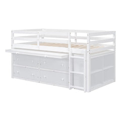 Bellemave® Low Loft Bed with Retractable Writing Desk and 4 Drawers,Lateral Portable Desk and Shelves - Bellemave