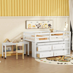 Bellemave® Low Loft Bed with Retractable Writing Desk and 4 Drawers,Lateral Portable Desk and Shelves - Bellemave