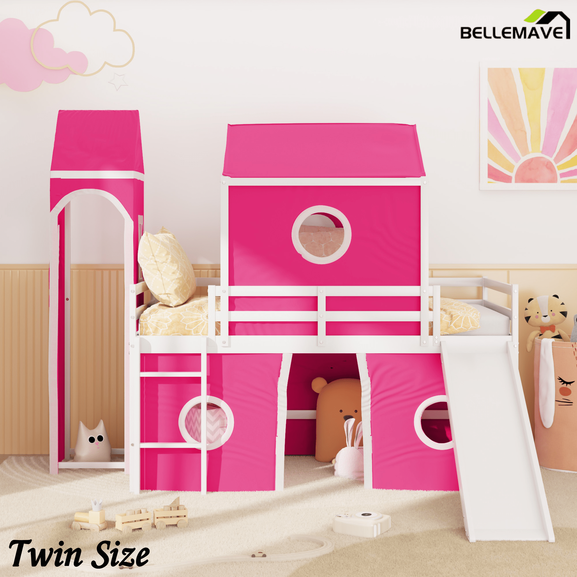 Bellemave® Low Loft Bed with Slide and Curtains Twin Over Twin Floor Bunk Bed with House Shape Tent and Tower, Wood Castle Style Loft Beds for Kids Boys Girls, Pink - Bellemave