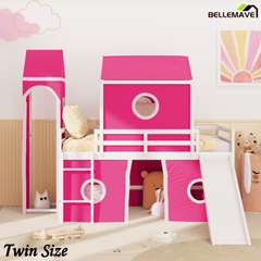 Bellemave® Low Loft Bed with Slide and Curtains Twin Over Twin Floor Bunk Bed with House Shape Tent and Tower, Wood Castle Style Loft Beds for Kids Boys Girls, Pink - Bellemave
