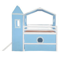 Bellemave® Low Loft Bed with Slide and Curtains Twin Over Twin Floor Bunk Bed with House Shape Tent and Tower, Wood Castle Style Loft Beds for Kids Boys Girls, Pink - Bellemave