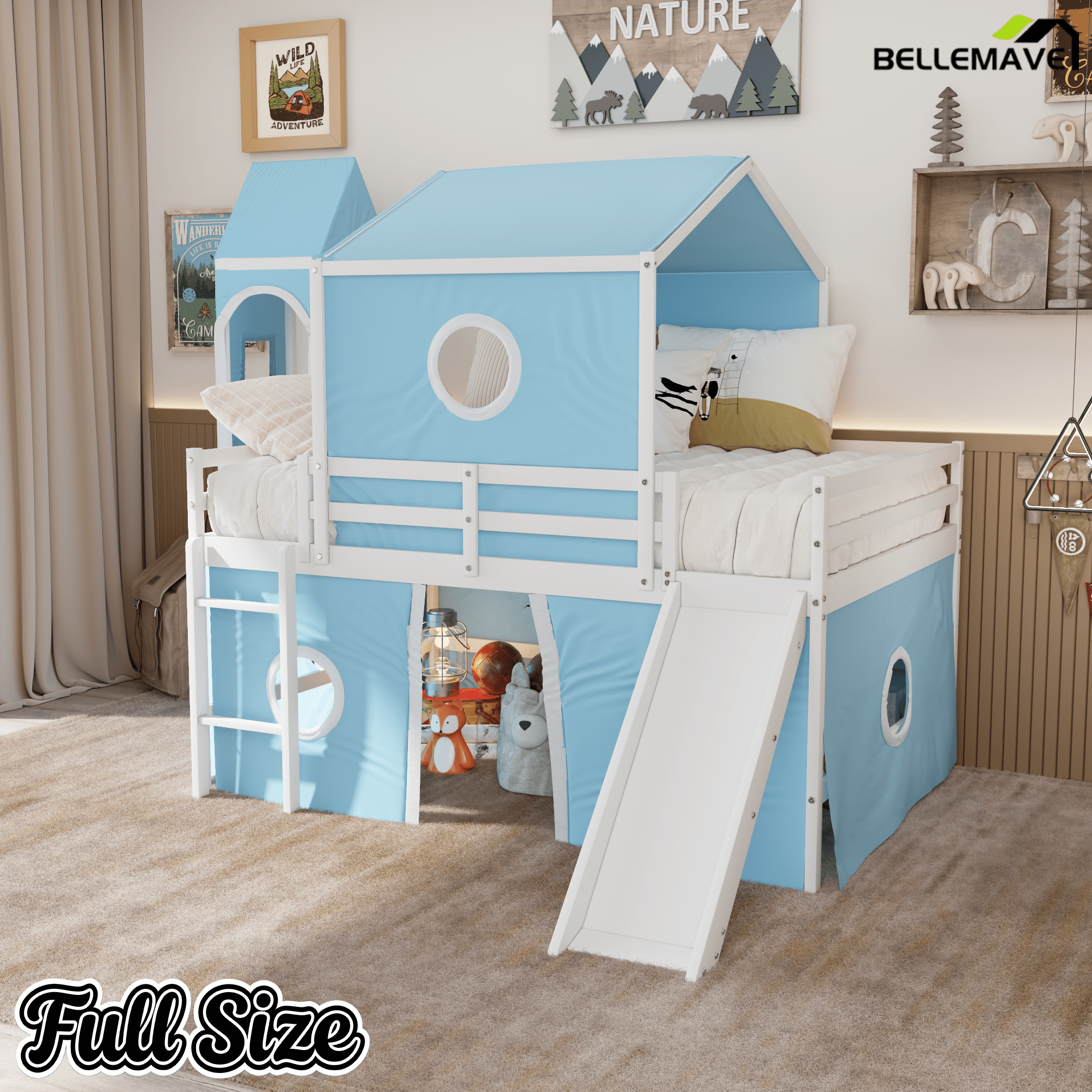 Bellemave® Low Loft Bed with Slide and Curtains Twin Over Twin Floor Bunk Bed with House Shape Tent and Tower, Wood Castle Style Loft Beds for Kids Boys Girls, Pink - Bellemave