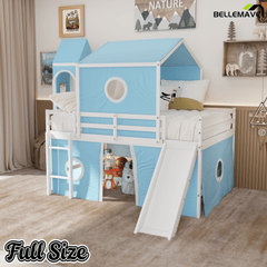 Bellemave® Low Loft Bed with Slide and Curtains Twin Over Twin Floor Bunk Bed with House Shape Tent and Tower, Wood Castle Style Loft Beds for Kids Boys Girls, Pink - Bellemave