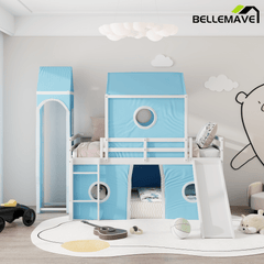 Bellemave® Low Loft Bed with Slide and Curtains Twin Over Twin Floor Bunk Bed with House Shape Tent and Tower, Wood Castle Style Loft Beds for Kids Boys Girls, Pink - Bellemave