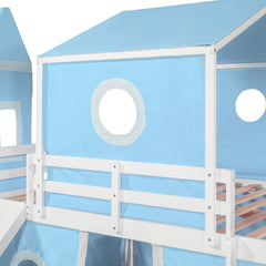 Bellemave® Low Loft Bed with Slide and Curtains Twin Over Twin Floor Bunk Bed with House Shape Tent and Tower, Wood Castle Style Loft Beds for Kids Boys Girls, Pink - Bellemave