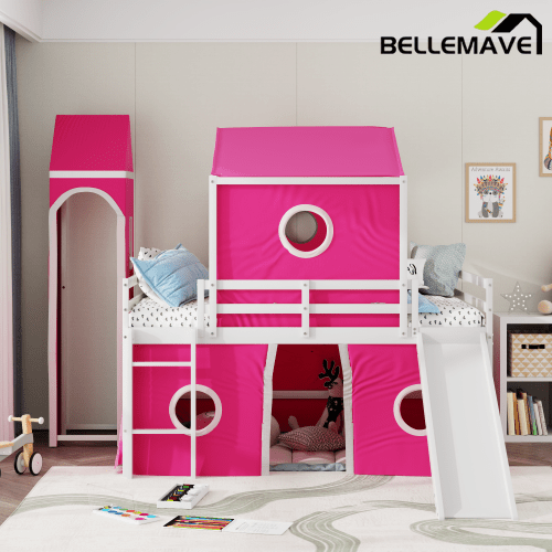 Bellemave® Low Loft Bed with Slide and Curtains Twin Over Twin Floor Bunk Bed with House Shape Tent and Tower, Wood Castle Style Loft Beds for Kids Boys Girls, Pink - Bellemave
