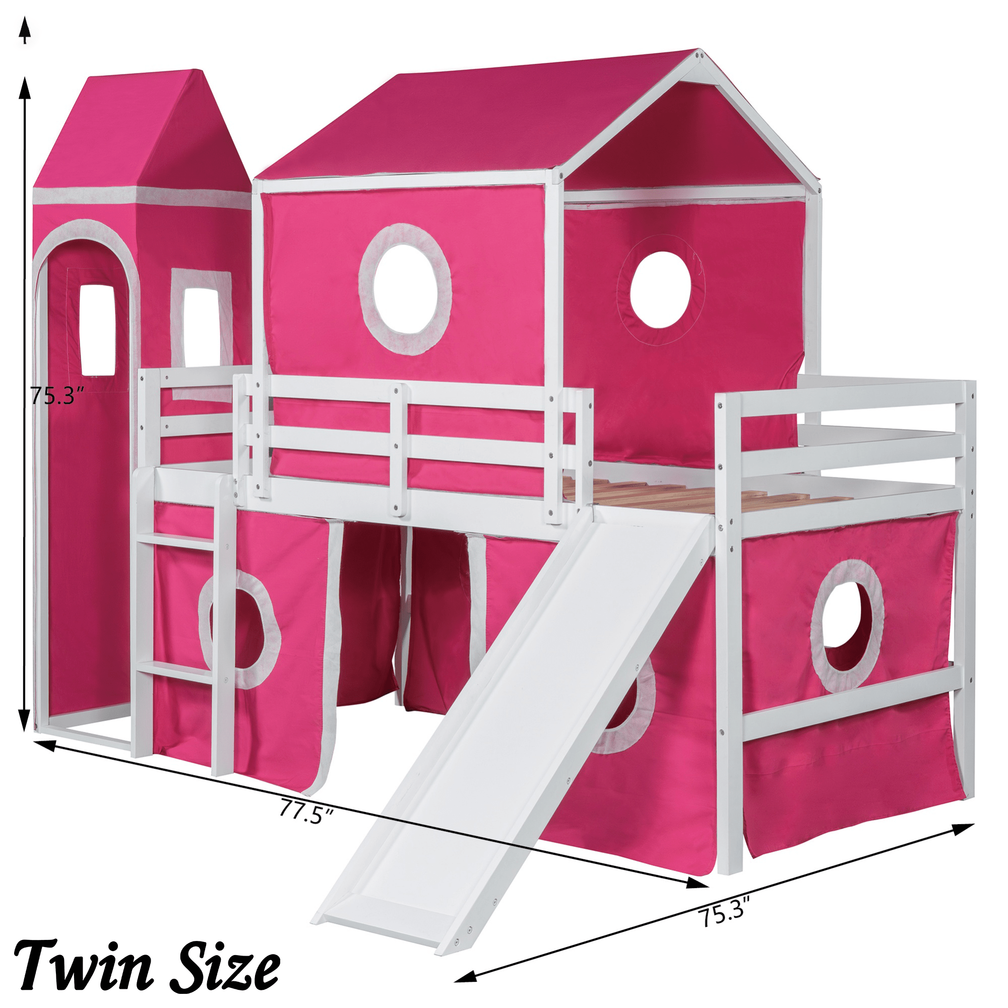 Bellemave® Low Loft Bed with Slide and Curtains Twin Over Twin Floor Bunk Bed with House Shape Tent and Tower, Wood Castle Style Loft Beds for Kids Boys Girls, Pink - Bellemave