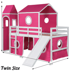 Bellemave® Low Loft Bed with Slide and Curtains Twin Over Twin Floor Bunk Bed with House Shape Tent and Tower, Wood Castle Style Loft Beds for Kids Boys Girls, Pink - Bellemave