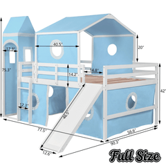 Bellemave® Low Loft Bed with Slide and Curtains Twin Over Twin Floor Bunk Bed with House Shape Tent and Tower, Wood Castle Style Loft Beds for Kids Boys Girls, Pink - Bellemave