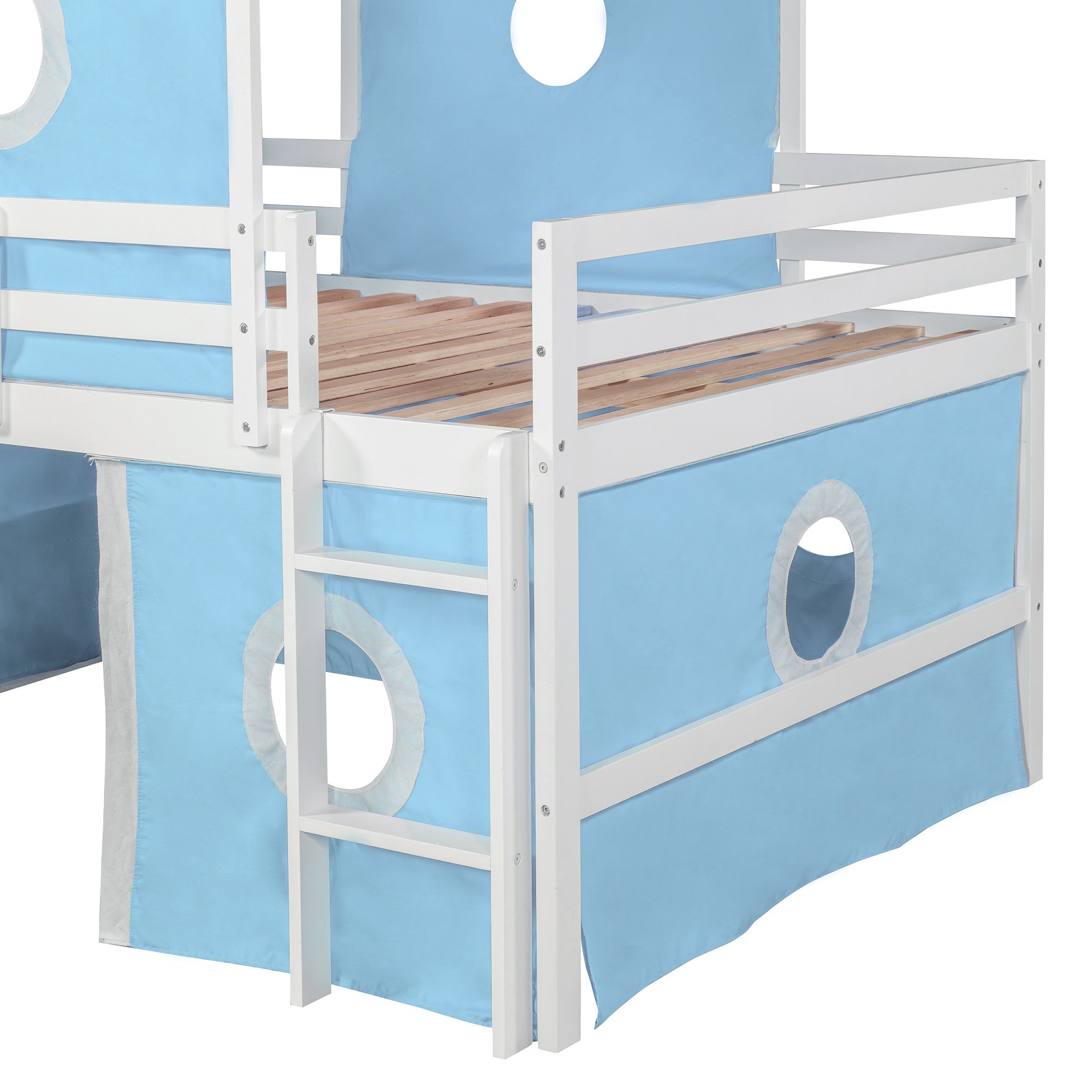 Bellemave® Low Loft Bed with Slide and Curtains Twin Over Twin Floor Bunk Bed with House Shape Tent and Tower, Wood Castle Style Loft Beds for Kids Boys Girls, Pink - Bellemave