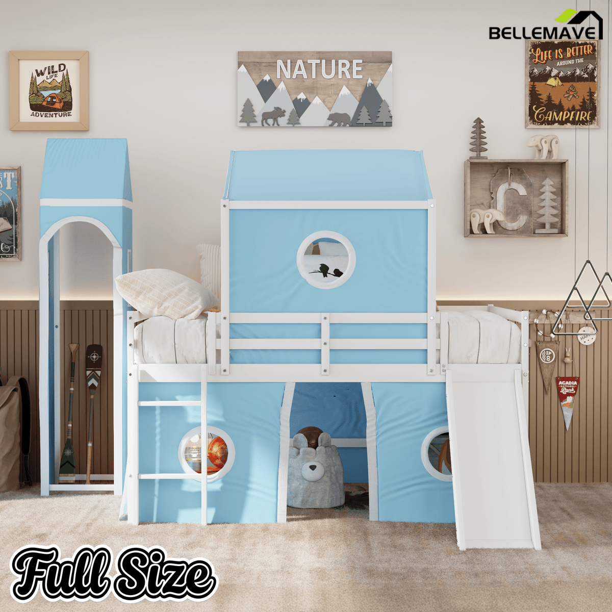 Bellemave® Low Loft Bed with Slide and Curtains Twin Over Twin Floor Bunk Bed with House Shape Tent and Tower, Wood Castle Style Loft Beds for Kids Boys Girls, Pink - Bellemave