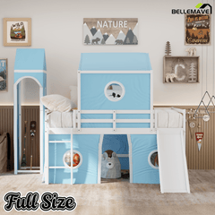 Bellemave® Low Loft Bed with Slide and Curtains Twin Over Twin Floor Bunk Bed with House Shape Tent and Tower, Wood Castle Style Loft Beds for Kids Boys Girls, Pink - Bellemave
