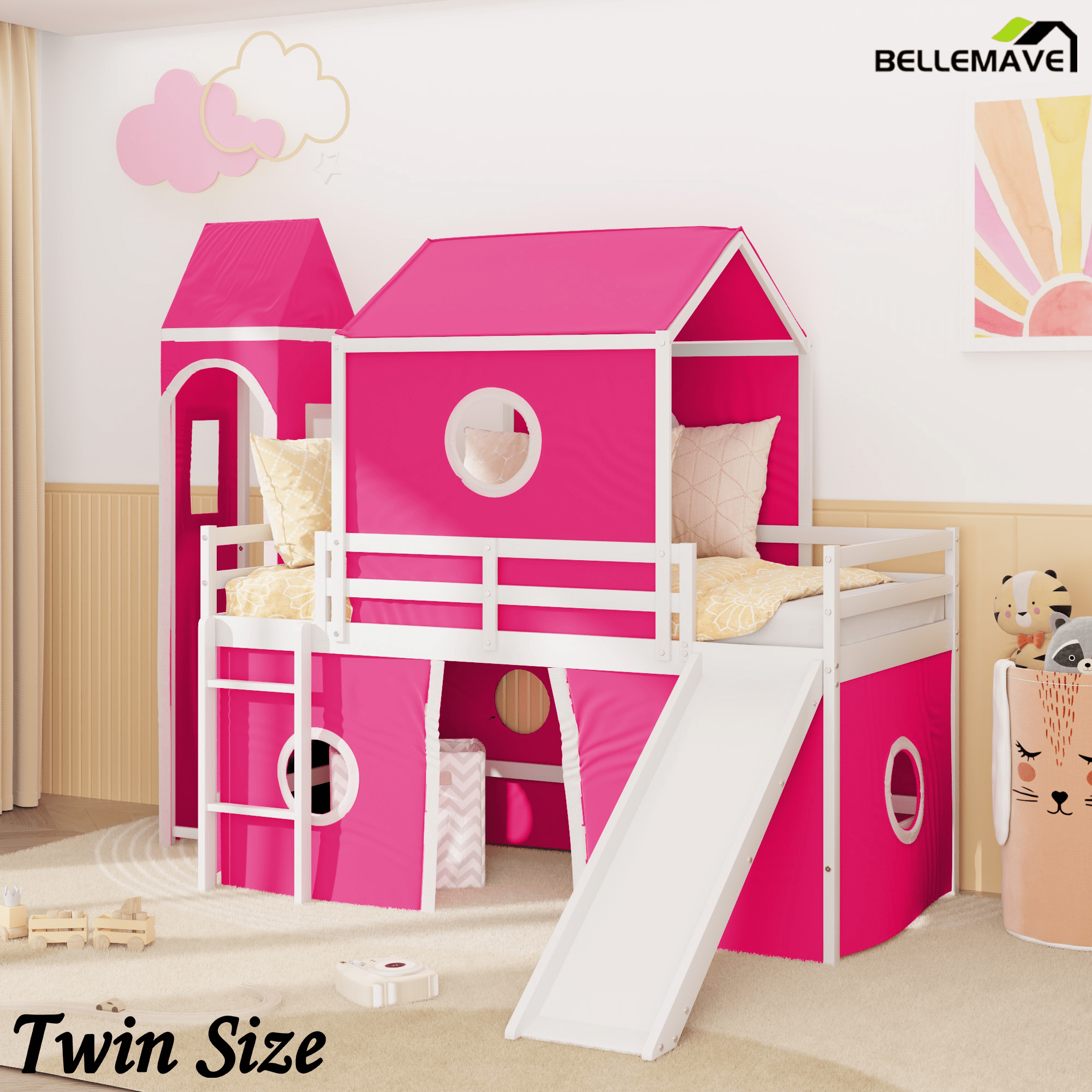 Bellemave® Low Loft Bed with Slide and Curtains Twin Over Twin Floor Bunk Bed with House Shape Tent and Tower, Wood Castle Style Loft Beds for Kids Boys Girls, Pink - Bellemave