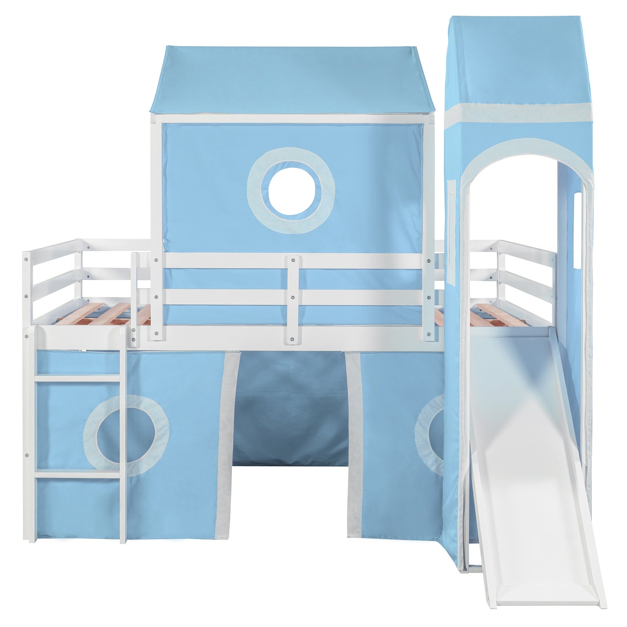 Bellemave® Low Loft Bed with Slide and Curtains Twin Over Twin Floor Bunk Bed with House Shape Tent and Tower, Wood Castle Style Loft Beds for Kids Boys Girls, Pink - Bellemave