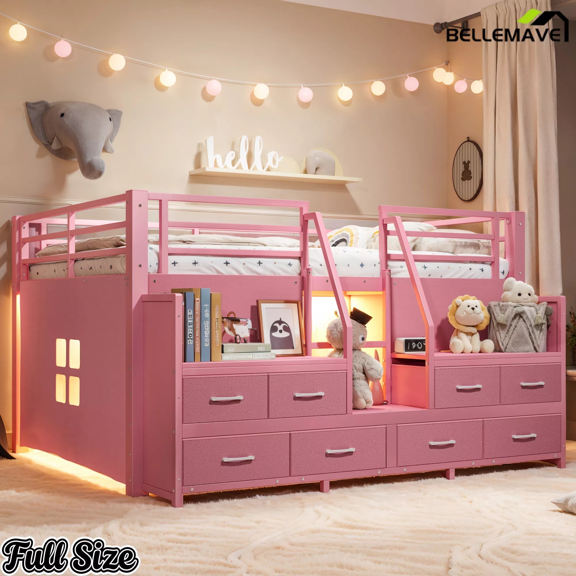 Bellemave® Low Loft Bed with Storage Drawers, Shelves & LED Lights, Metal Frame with Stair Storage and Underbed Play Space - Bellemave
